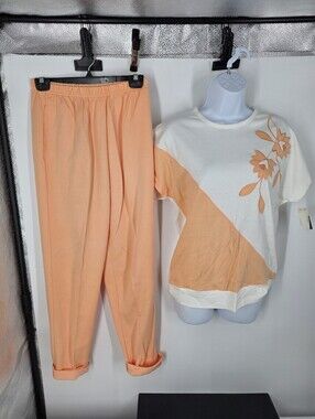 Vintage Aileen 2 Piece Set Peach Cream Floral Applique Track Pants Top Small